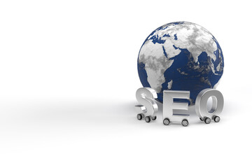 Wall Mural - word seo on wheels as a car around the world map. silver letters chief executive officer on globe on