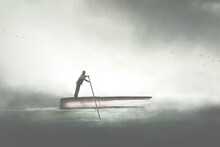 Illustration Of Man Sailing On A Book, Surreal Concept
