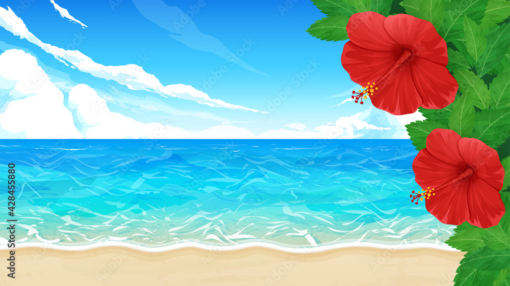 Image vectorielle Stock ハイビスカスの花と海の風景の背景イラスト_