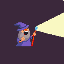 Pixel Art Wizard Casting Spel With Light Emitting Out Of His Magic Staff