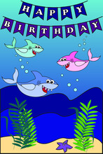 Whale And Fish With Happy Birthday .whale In The Sea With Happy Birthday Text. Happy Birthday, Birthday Card Whale, And Dolphin. Happy Birthday Typography Vector Design For Greeting Cards And Posters.