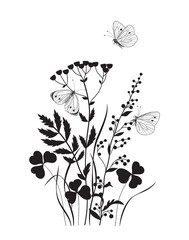 Wall Mural - monochrome composition with butterflies and wildflowers