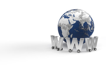 Wall Mural - word www on wheels as a car around the world map. silver letters internet on globe on an isolated ba