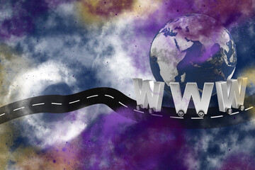 Wall Mural - word www on wheels as a car around the world map on cosmos background. silver cosmic on road letters