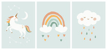 Scandinavian Style Kids Room Decoration. Cute Hand Drawn Unicorn, Rainbow And Cloud. Nursery Wall Art For Baby Boy And Baby Girl. Vector Illustration Set Ideal For Cards, Invitations, Posters.