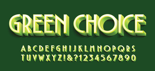 Green Choice; a stylish sans serif 3d style alphabet in multiple shades of green. Good design choice for vegetarian, vegan, or planetary sustainablity themes.