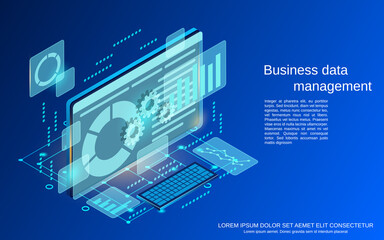 Business data management, financial analytics flat 3d isometric vector concept illustration