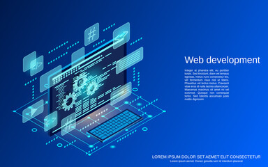 Web application development, program coding,  programming, interface construction flat 3d isometric vector concept illustration