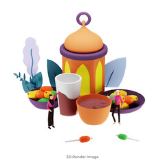 Wall Mural - 3d render Iftar Eating After Fasting party illustration concept. Moslem family dinner on Ramadan Kareem or celebrating Eid with people character