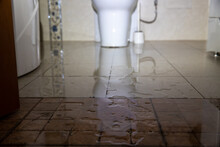 Water Damage Due A Broken Pipe Or Toilet. Moisture Problem And Wet Floor. Horizontal, Selective Focus