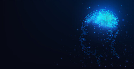 Poster - AI.Artificial intelligence concept.Human head outline with circuit board digital human face in robot digital computer interpretation and Machine Learning Concept.(AI) on dark blue background. 
