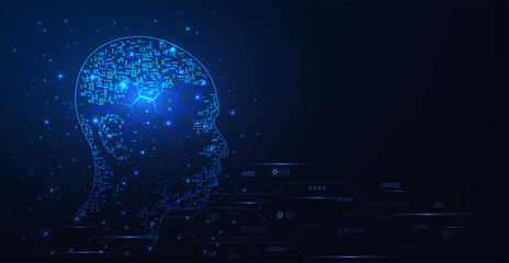 Poster - Artificial intelligence concept.Human head outline with circuit board  digital human face in robot digital computer interpretation and Machine Learning Concept.(AI) Vector illustration. 