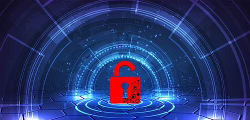 Leinwandbilder - Cyber security attack technology concept.Padlock red open on  dark blue background.Cyber attack and Information leak concept.Vector illustration.