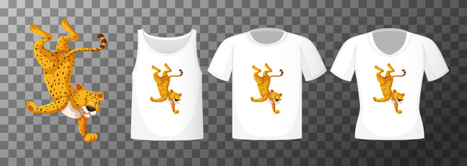 Poster - Set of different shirts with leopard dancing cartoon character isolated on transparent background