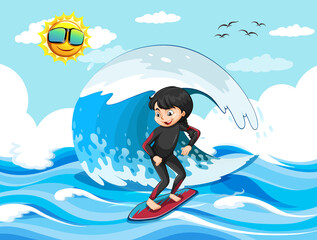 Poster - Big wave in the ocean scene with girl standing on a surf board