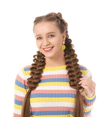 Canvas Print - Beautiful young woman with braided hair on white background