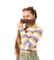 Canvas Print - Beautiful young woman with braided hair on white background