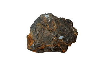 isolated raw Wolframite stone, iron manganese tungstate mineral on white background. 