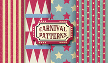 Set Of Carnival Retro Vintage Seamless Patterns. Textured Old Fashioned Circus Wallpaper Templates. Collection Of Vector Texture Background Tiles. For Parties, Birthdays, Decorative Elements.