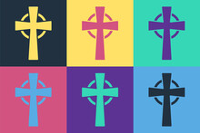 Pop Art Tombstone With Cross Icon Isolated On Color Background. Grave Icon. Vector