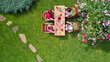 Family and friends eating together outdoors on summer garden party. Aerial view of table with food and drinks from above. Leisure, holidays and picnic concept
