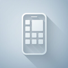 Paper cut Mobile Apps icon isolated on grey background. Smartphone with screen icons, applications. mobile phone showing screen. Paper art style. Vector