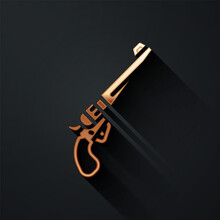 Gold Revolver Gun Icon Isolated On Black Background. Long Shadow Style. Vector
