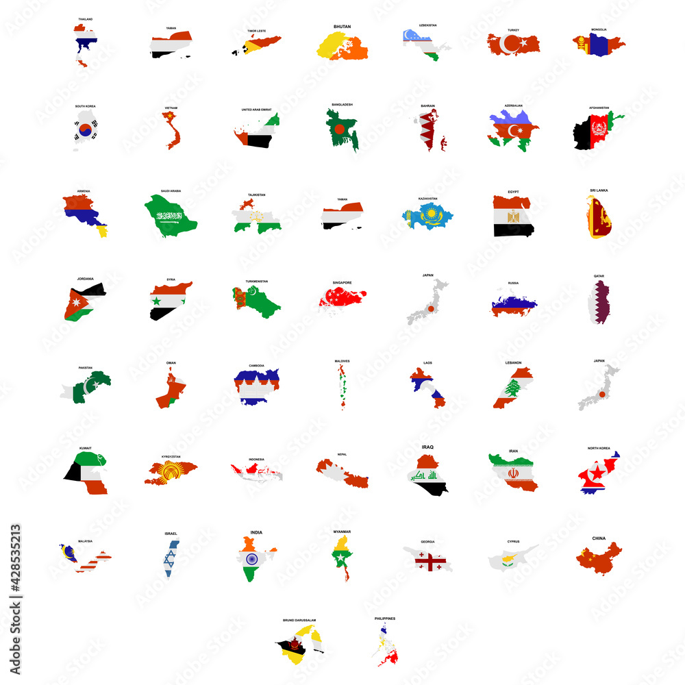 map of countries in the continent of asia icon set vector sign symbol ...