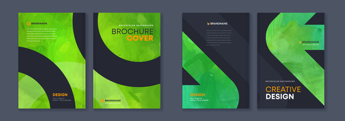 Wall Mural - Watercolor booklet brochure green abstract cover template bundle set with black background