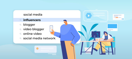 businesspeople choosing influencers in search bar on virtual screen internet networking concept
