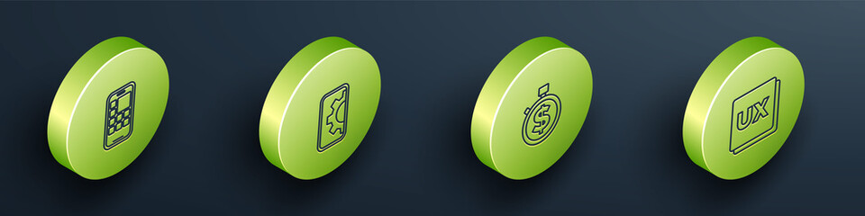 Set Isometric line Mobile Apps, Web development, Time is money and UI or UX design icon. Vector