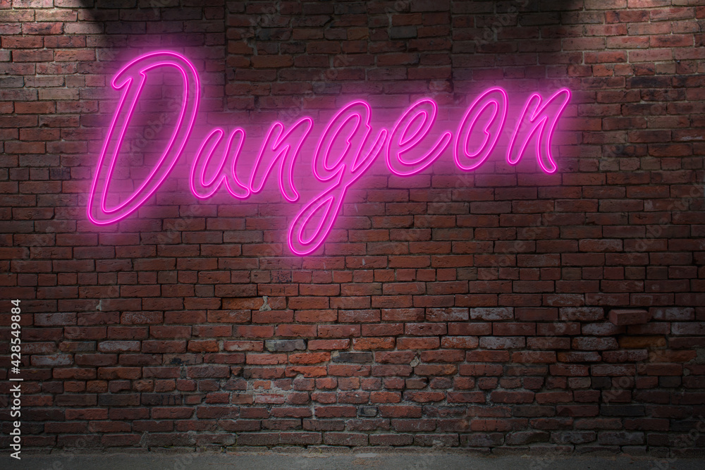 Dungeon Lettering Neon Bondage Dungeon lettering on Brick Wall at night Stock ...