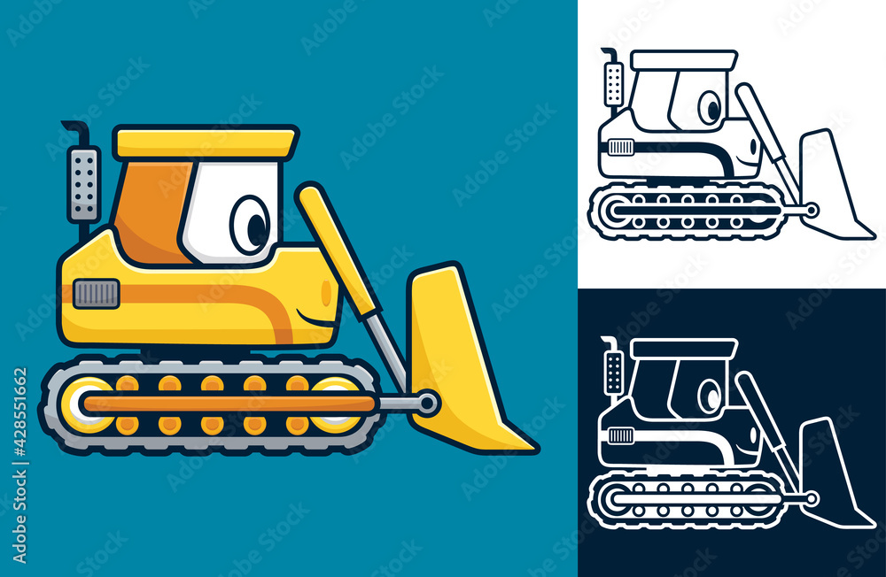 Funny yellow bulldozer. Vector cartoon illustration in flat icon style ...