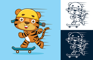 Canvas Print - Cute tiger wearing helmet playing skateboard. Vector cartoon illustration in flat icon style