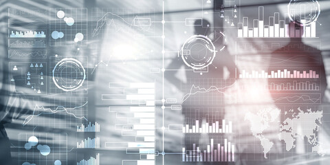 Wall Mural - business intelligence dashboard with key performance indicators on a virtual screen computer interfa