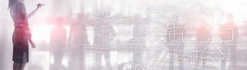 Wall Mural - Gear icon on virtual screen. Horizontal panorama. Financial Banner for the site
