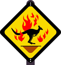 Warning Sign Label Kangaroo Is Standing  In The Midst Of A Forest Fire