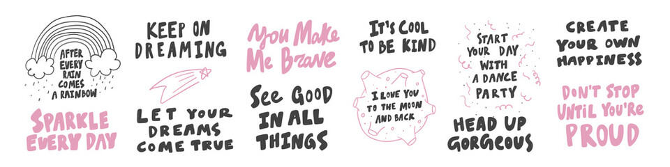 Vector hand drawn collection set of calligraphy lettering quotes and words. Pink and black color