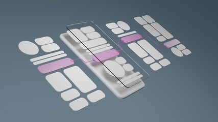 UX UI flowchart connection node graphic designer creative planning application process development data prototype wireframe for web mobile icon phone . User experience concept. 3d rendering.