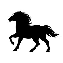 Beautiful Pony With Flying Mane And Tail - Cute Little Horse Running Forward Black And White Vector Silhouette