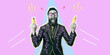 © San4ezz007 - Crazy hipster guy with bananas like pistols . Collage in magazine style with happy emotions. Flyer with trendy colors. Discount, season sales. Modern design, creative artwork