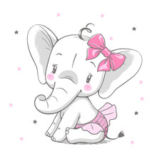 Vector Illustration Of A Cute Baby Elephant Girl With Pink Bow And Skirt.