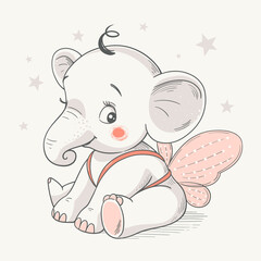 Wall Mural - Vector illustration of a cute baby elephant with butterfly wings.