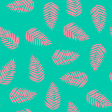 Tropical Leaves Seamless Vector Pattern With A Clipping Mask. Simple Pink Leaves On A Blue Background. Endless Backdrop