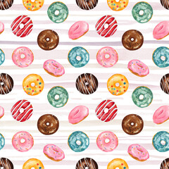 Wall Mural - Seamless pattern with watercolor multicolored donuts on striped background.