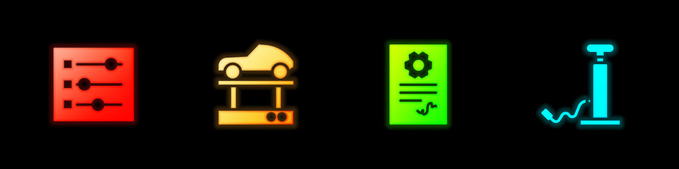 Sticker - Set Car settings, Repair car on lift, Auto service check automotive and pump icon. Vector