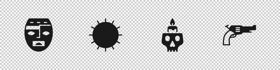 Wall Mural - Set Aztec mask, Sun, Burning candle on skull and Revolver gun icon. Vector