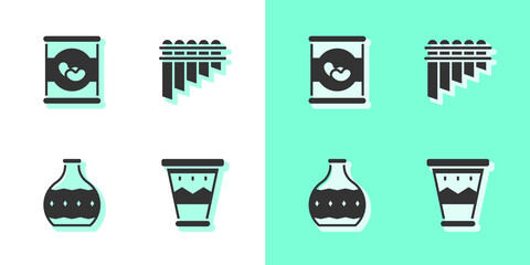 Canvas Print - Set Mexican drum, Beans in, Tequila bottle and Pan flute icon. Vector