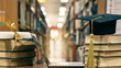 © Chinnapong - Online education, school study course, e-learning class, e-book digital technology and global educational success graduation concept with computer notebook open in library or classroom background