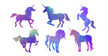 Magic Cute Unicorns Silhouettes. Stylish Icons, Vintage, Background, Horses Tattoo. Hand Drawn Vector Illustration, Outline, Isolated Different Unicorn Body Collection